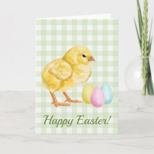 Aquarell-Babyküken und Eier auf grünem Ostern Karte