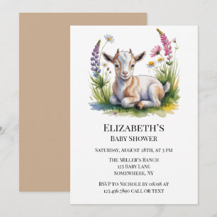 Aquarell-Babyziege mit Wildblumen-Baby-Party Einladung