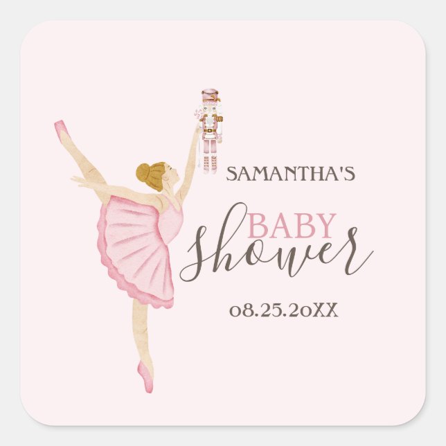 Aquarell Ballerina Nutcracker Pink Baby Dusche Quadratischer Aufkleber (Vorderseite)