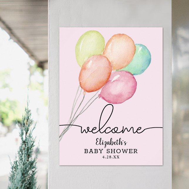 Aquarell Balloons Girl Baby Dusche Willkommen Poster (Watercolor balloons on pink girl baby shower welcome poster, PRINTED and/or INSTANT DOWNLOAD)