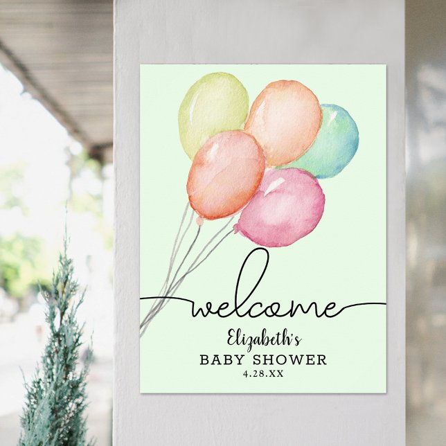 Aquarell Balloons Unisex Baby Dusche Willkommen Poster (Watercolor balloons on green unisex baby shower welcome poster, PRINTED and/or INSTANT DOWNLOAD)