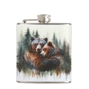 Aquarell Bären & Bäume Rustikale Wildnis Flachmann
