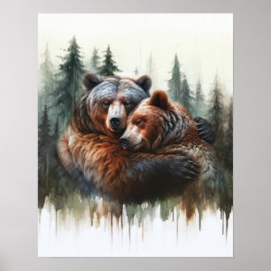 Aquarell-Bären-Bäume-rustikale-Wildnis-Wandkunst Poster