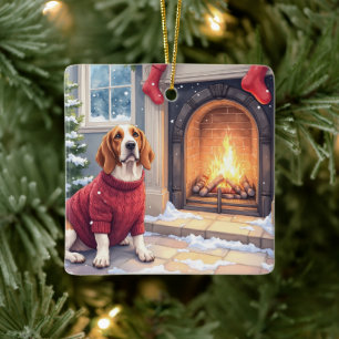 Aquarell Basset Hound Gemütlicher Kamin Weihnachte Keramikornament