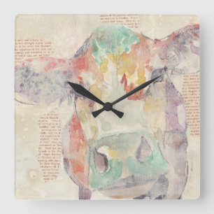 Aquarell-Bauernhof-Collagen-Kuh Quadratische Wanduhr