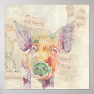 Aquarell-Bauernhof-Collagen-Schwein Poster