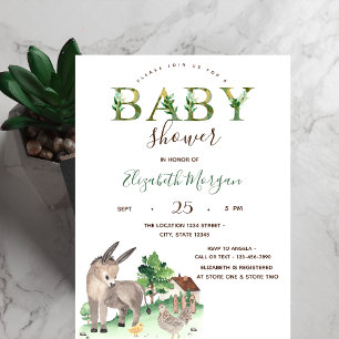 Aquarell-Bauernhoftiere Esel Baby Shower  Einladung