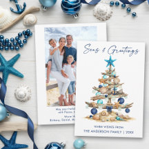 Aquarell-Baum-Meeres- und Gruß-Foto-Strand