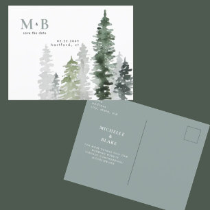 Aquarell-Bäume-Monogramm-Hochzeit-Heute-merken Postkarte