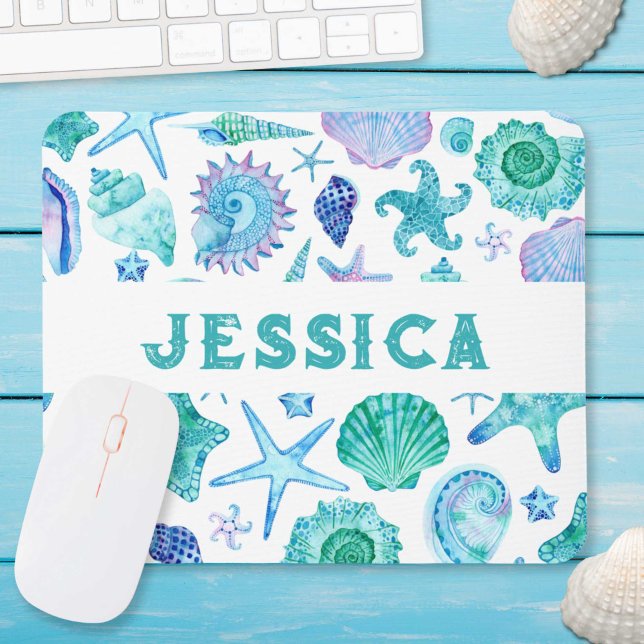 Aquarell Beach Muscheln und Starfish Monogram Mousepad (Watercolor Beach Sea Shells and Starfish Monogram Mouse Pad)