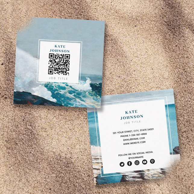 Aquarell Beach Ocean QR Code Social Media Quadratische Visitenkarte (Von Creator hochgeladen)