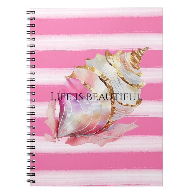 Aquarell Beach Pink Streifen Gold Muschel Notizblock (Vorderseite)