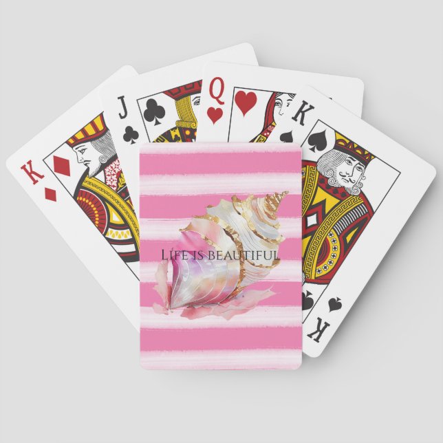 Aquarell Beach Pink Streifen Gold Muschel Spielkarten (Rückseite)