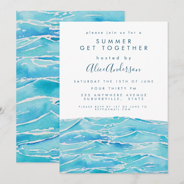Aquarell Beach Wellen Küste Halbinsel Beach Party Einladung (Vorne/Hinten)