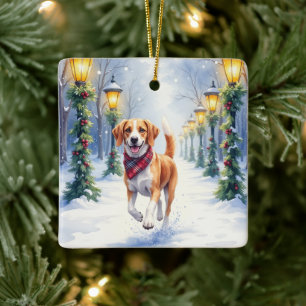Aquarell-Beagle-Schneebedeckter-Park-Weihnachten-F Keramikornament