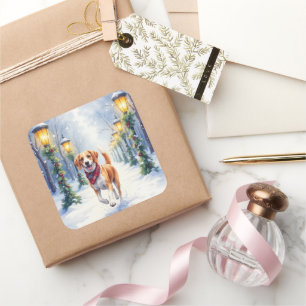 Aquarell-Beagle-Schneebedeckter-Park-Weihnachten Quadratischer Aufkleber