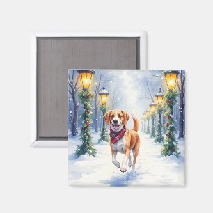 Aquarell-Beagle-Schneelandschaft-Park-Weihnachten Magnet
