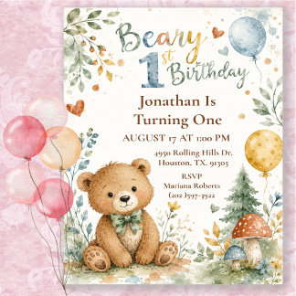 Aquarell Beary Erste Geburtstags-Bären-Party Einladung