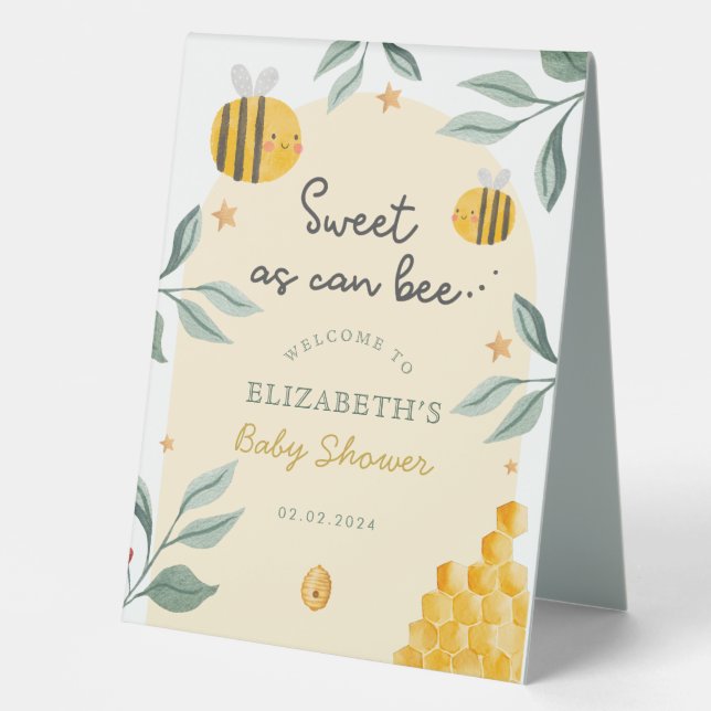 Aquarell Bee Honey Sweet Baby Dusche Willkommen Tischaufsteller (Vorderseite)