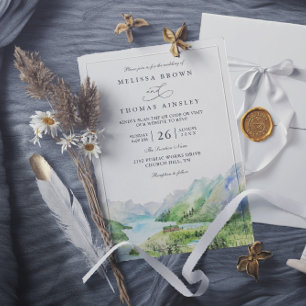 Aquarell-Berg-Rustikale-Seen-QR-Code-Hochzeit Einladung
