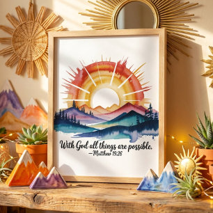 Aquarell-Berg-Sonnenaufgang-Bibelvers Poster