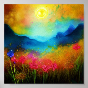 Aquarell Berg und Wildblumen Poster