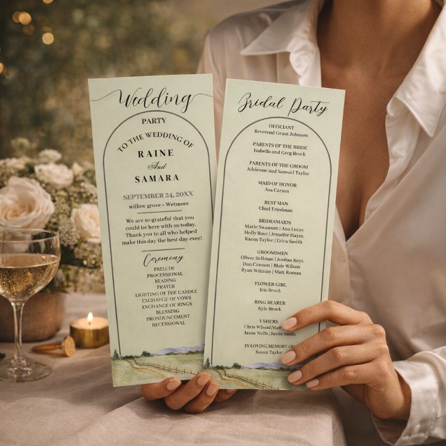 Aquarell Berg Wildblume Kohle Boho Programm (Watercolor Mountain Wildflower Sage Green Boho Wedding Arch Program)