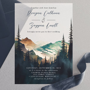 Aquarell-Berge Kiefernwald Schrift Hochzeit