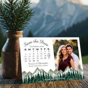 Aquarell-Bergkiefern-Kalender & Foto-Hochzeit Save The Date