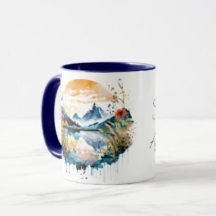 Aquarell-Bergszene benutzerdefinierter Text Tasse