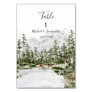 Aquarell Bergwald Rustikale Hochzeit Tischnummer