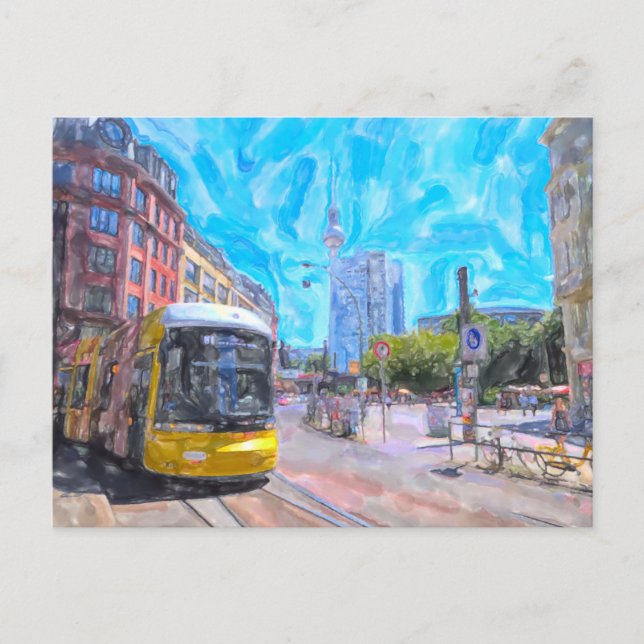 Aquarell Berlin. Straßenbahn am Hackescher Markt.  Postkarte (Vorderseite)