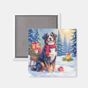 Aquarell Berner Sennenhund Schlitten Weihnachten Magnet