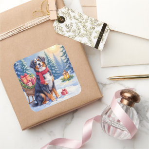 Aquarell Berner Sennenhund Schlitten Weihnachten Quadratischer Aufkleber