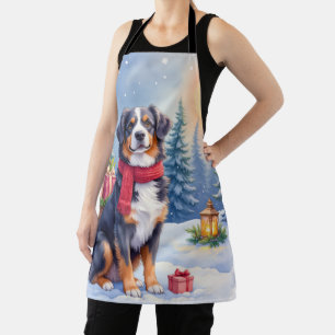 Aquarell Berner Sennenhund Schlitten Weihnachten Schürze