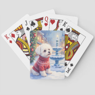 Aquarell Bichon Frise Festlicher Brunnen Weihnacht Spielkarten