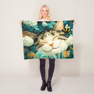 Aquarell-Biene-schlafende-Katz-Blumen-Garten Fleecedecke