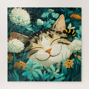 Aquarell-Biene Schlafende Katze Blumen Garten