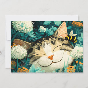 Aquarell-Biene Schlafende Katze Blumen Garten Ankündigung