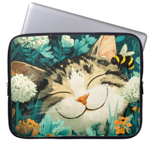 Aquarell-Biene Schlafende Katze Blumen Garten Laptopschutzhülle
