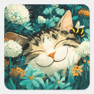 Aquarell-Biene Schlafende Katze Blumen Garten Quadratischer Aufkleber