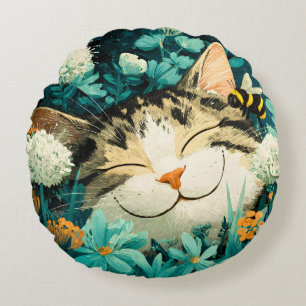 Aquarell-Biene Schlafende Katze Blumen Garten Rundes Kissen