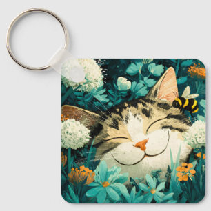 Aquarell-Biene Schlafende Katze Blumen Garten Schlüsselanhänger