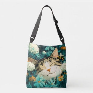 Aquarell-Biene Schlafende Katze Blumen Garten Tragetaschen Mit Langen Trägern