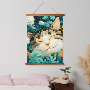 Aquarell-Biene Schlafende Katze Blumen Garten Wandteppich Mit Holzrahmen