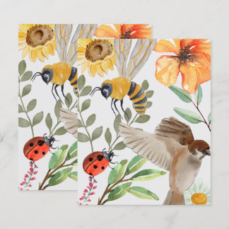 Aquarell-Biene, Sperling und Wildblumen-Flachpapie