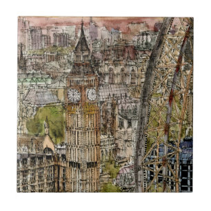 Aquarell Big Ben der Bestimmungsort-  u. Fliese