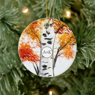 Aquarell-Birken-Bäume-Herbst-Hochzeit Keramik Ornament