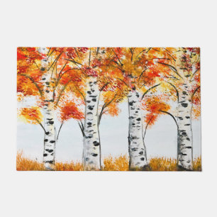 Aquarell-Birken-Bäume-Herbst orange Blätter Fußmatte
