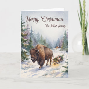 Aquarell-Bison-Schlitten-Wald-Weihnachten individu Karte